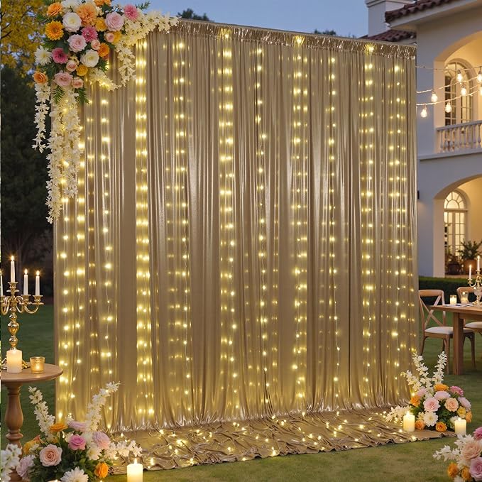 10x10 ft Champagne Sequin Backdrop Curtain with Lights for Parties, Wrinkle Free Glitter Photo Backdrop Drapes Shimmer Back Drop Cloth for Wedding Birthday Photography Background
