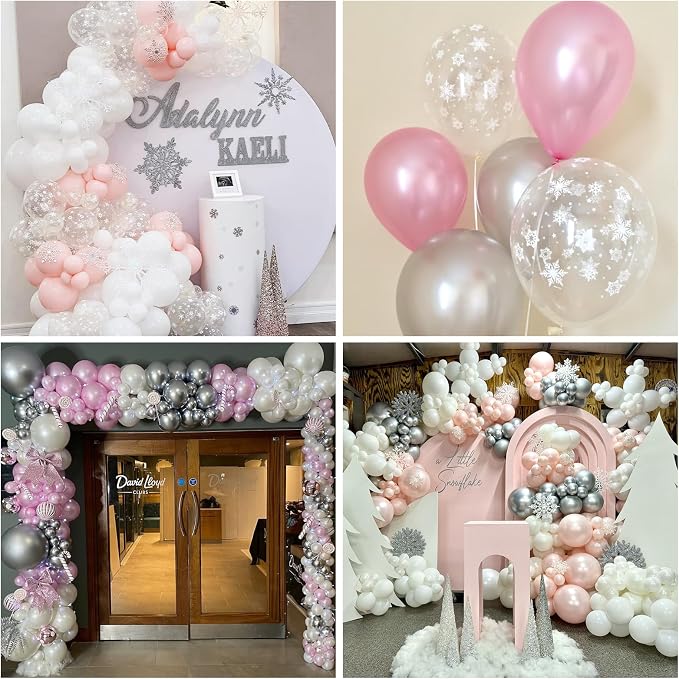 HILAVO Pink and Silver Balloons 12 Inch Winter Onederland Snowflake Balloon - Image 5
