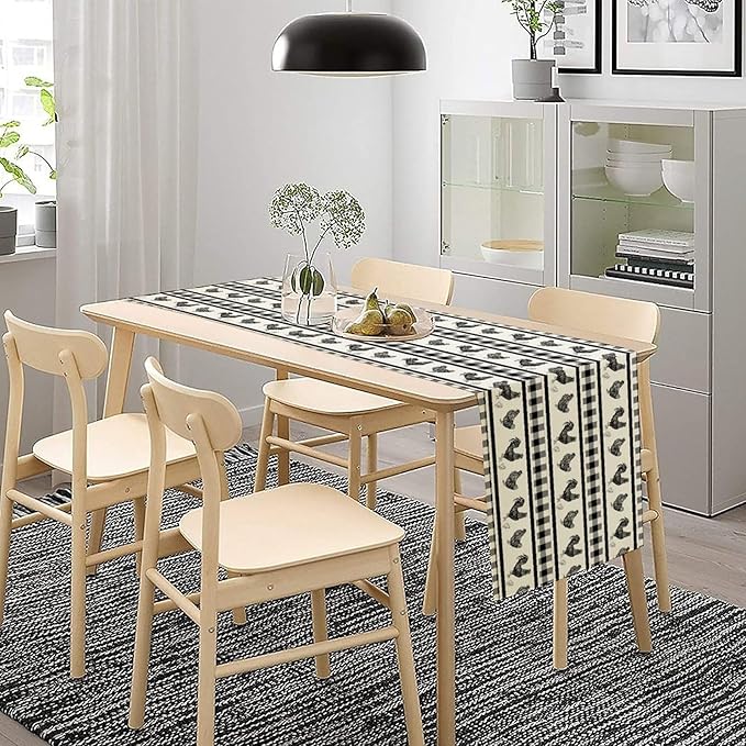 Rooster Table Runner,Farmhouse Animal Vintage Chicken Black White Plaid Check Tablecloth Burlap for Hotel Indoors Outdoor Dining Room Kitchen Home Decor,W13X L108 in