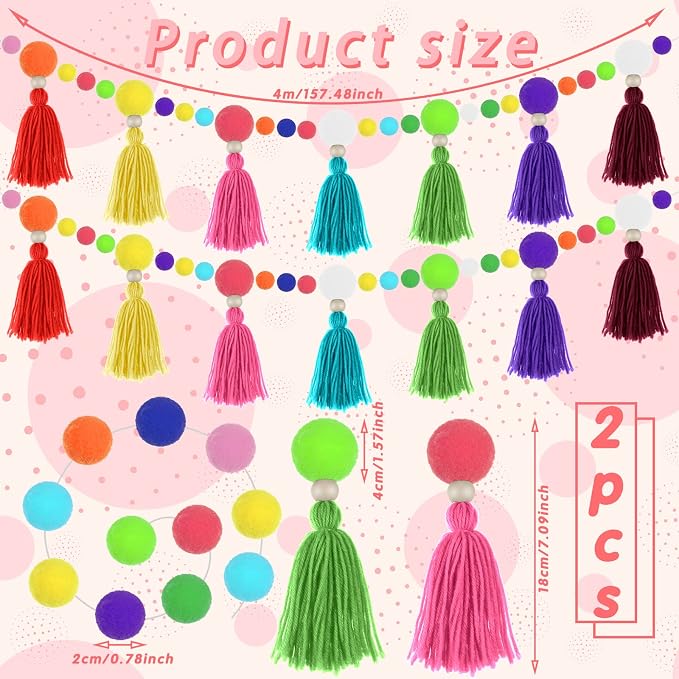 Janinka 2 Pcs Pom Pom Tassel Garland Classroom Each 13.2 Feet Boho Rainbow Felt - Image 2