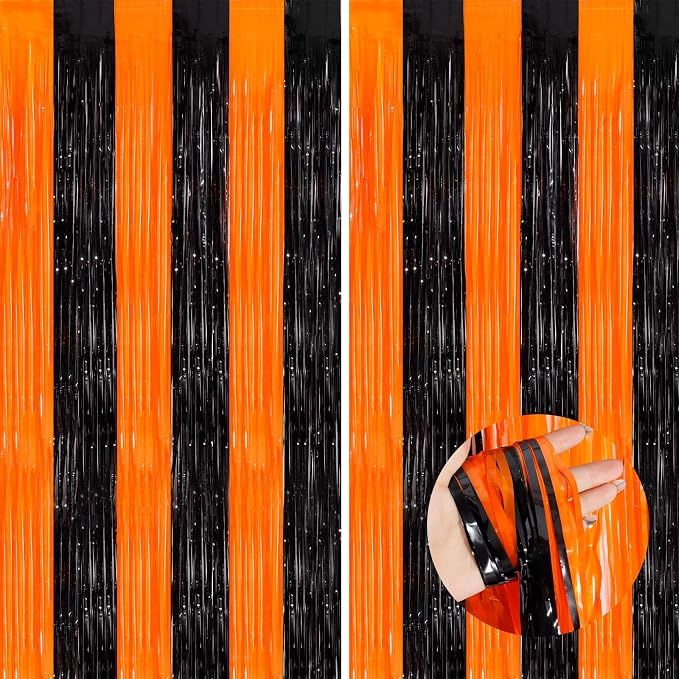 Orange Black Tinsel Foil Fringe Curtains, 2 Pack 3.3x8.3 Feet Party Streamer by NUWDHP