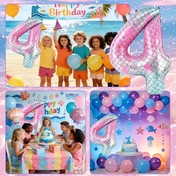 40 Inch Mermaid Number 4 Balloon, Sea Themed Birthday Decorations - Image 7