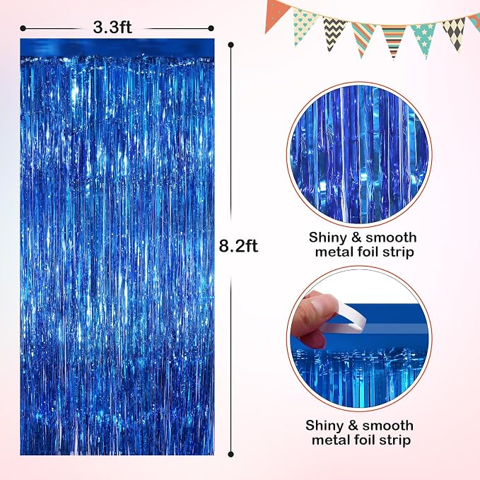 Blue Metallic Tinsel Foil Fringe Curtains, 4 Pack 3.3x8.3 Feet Party Streamer - Image 2