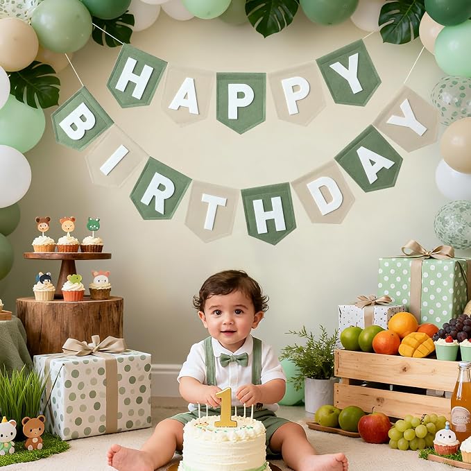 Felt Green Khaki Happy Birthday Banner Birthday Decorations - Image 2