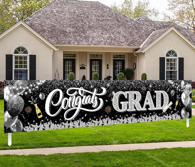 2026 Graduation Decorations-Black and Silver Congrats Grad Yard Sign Banner by GREHUMOR