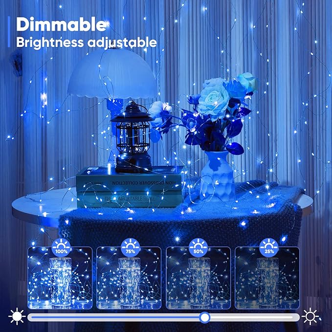 2 Pack 65.6 Ft. Battery Operated Outdoor String Lights with Remote & Timer, LED Blue Fairy Lights, Waterproof Twinkle Lights for Bedroom, Dorm, Mason Jar, Wedding, Party, Christmas