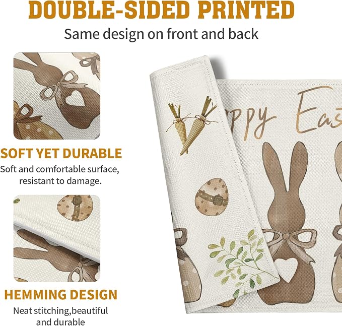 Happy Easter Bunny Placemats Set of 4 Easter Rabbit Egg Carrots Linen Fabric - Image 5