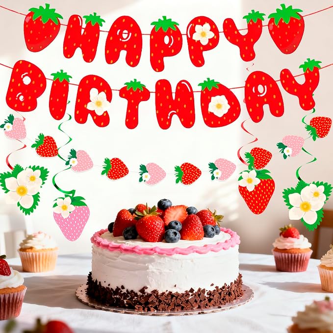 MEETINGU Strawberry Happy Birthday Banner, Strawberry Set Strawberry Themed - Image 3