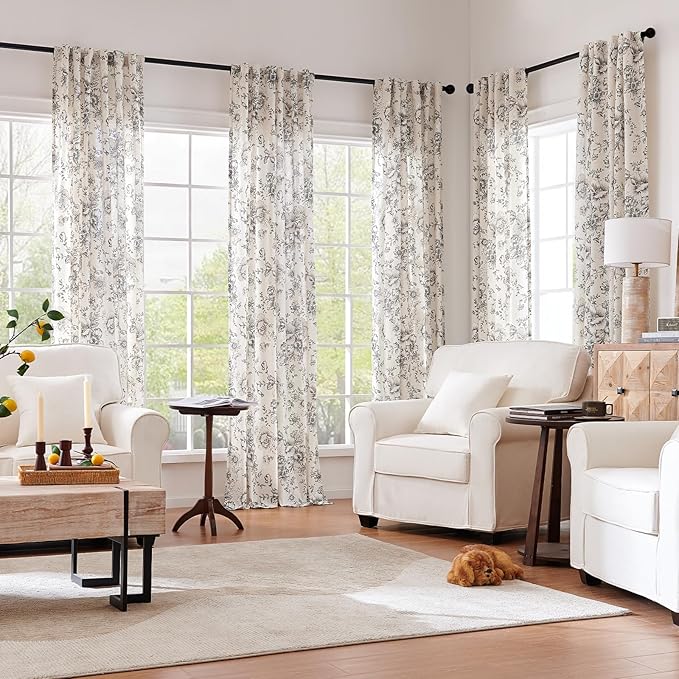 jinchan Black Floral Linen Curtains 84 Inch Farmhouse Back Tab 2 Panels | Light - Image 2