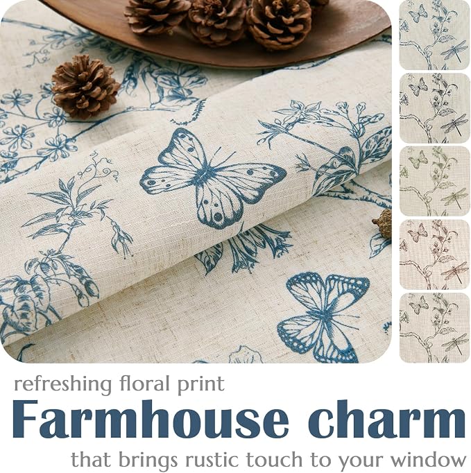 Blue Floral Linen Lined Curtains Rod Pocket 50W X 63L 2 Panels | Charlotte - Image 5