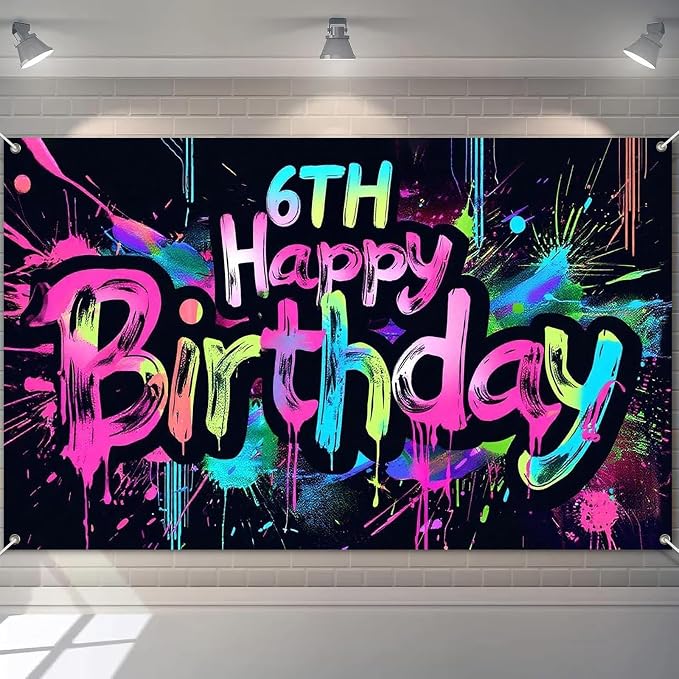 HOMETITUTE Neon 6th Happy Birthday Banner 71x43 Inch Birthday Backdrop | 6th by HOMETITUTE
