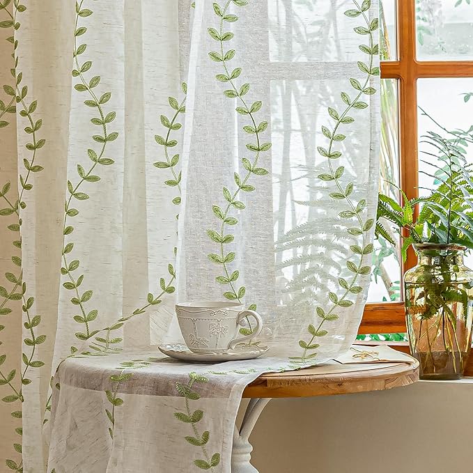 2 Panels Linen Leaf String Floral Embroidered Semi Sheer Curtain Farmhouse by AmHootextile