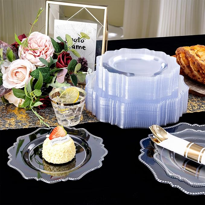 COLOSUS 350pcs Clear Plastic Plates Disposable Gold Cutlery Dinnerware set for party: 50 Dinner Plate, 50 Dessert Plate, 50 Per Rolled Napkins with Gold Silverware, 50 Cups 9 OZ for Wedding & Party