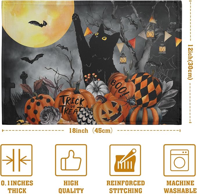 Black Cat Halloween Placemats Set of 4 Spooky Pumpkin Boo Bat Moon Horror Place - Image 4