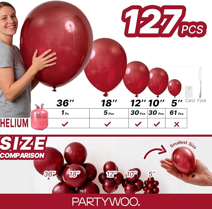 PartyWoo Burgundy Balloons 127pcs Dark Chestnut Red Maroon Color | 36 18 12 10 - Image 6
