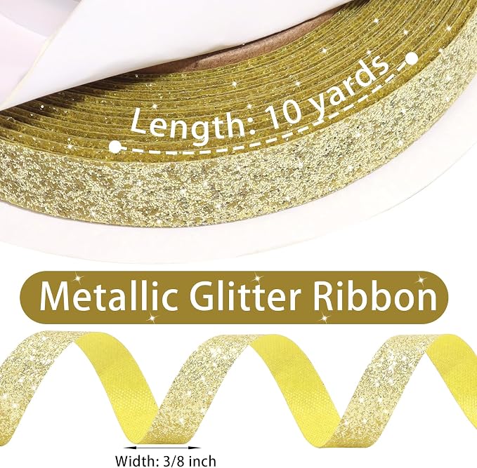 Gold Metallic Glitter Ribbon for Gift Wrapping 3/8in x 10Yds | Cheer Sparkle - Image 3