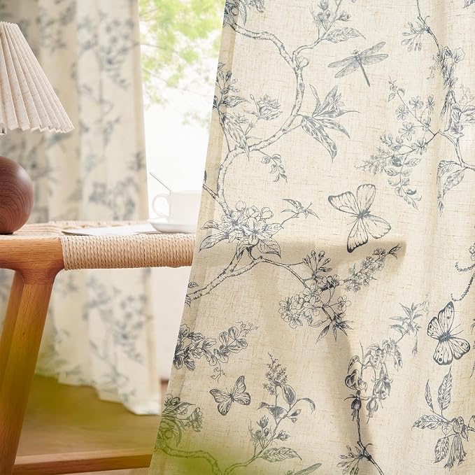 Blue Floral Linen Curtains Farmhouse Rod Pocket 50W X 96L 2 Panels | Charlotte - Image 4