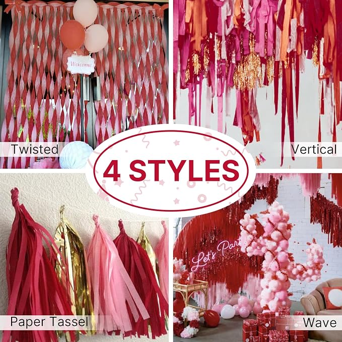 PartyWoo Pink Red Hot Red Crepe Paper Streamers 6 Rolls 492 FT | Baby Shower - Image 5