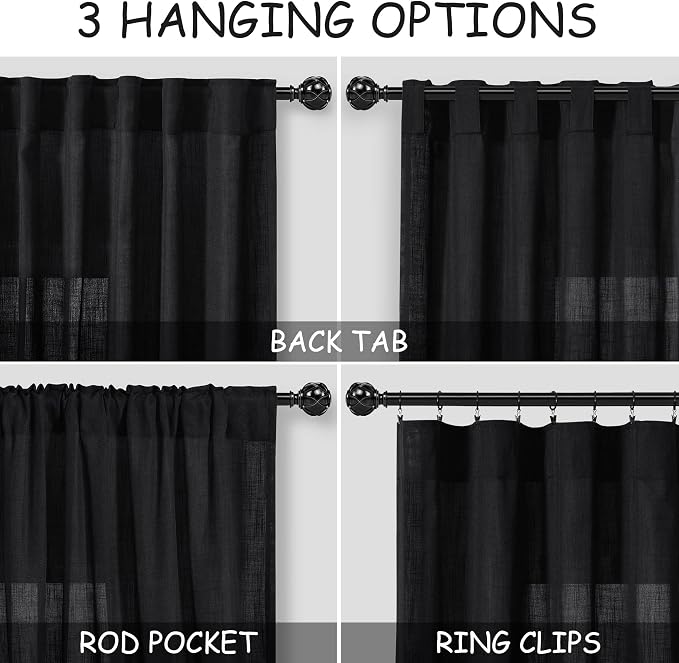 Black Semi Sheer Linen Curtains 84 inch Length - Image 3