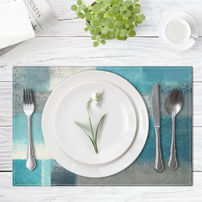 Emvency Farmhouse Placemats Set of 4, 12x18 Inch Modern Teal and Grey Abstract - Image 4