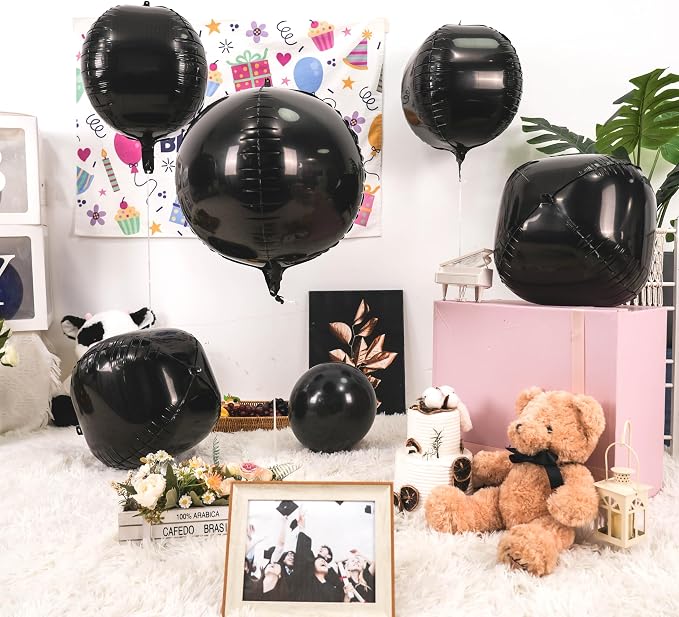 Black Balloons Foil, Metallic Black 4D Ball Balloons, 22 Inch Round Balloon - Image 2