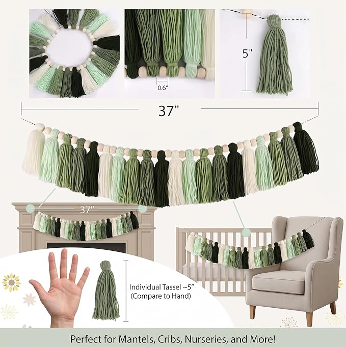 Green Tassel Garland with Wood Beads - Image 5