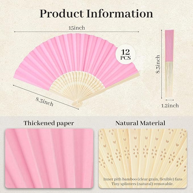 JOHOUSE 12 PCS Pink Foldable Hand Fan, 8.3 Inch Paper Fans - Image 7