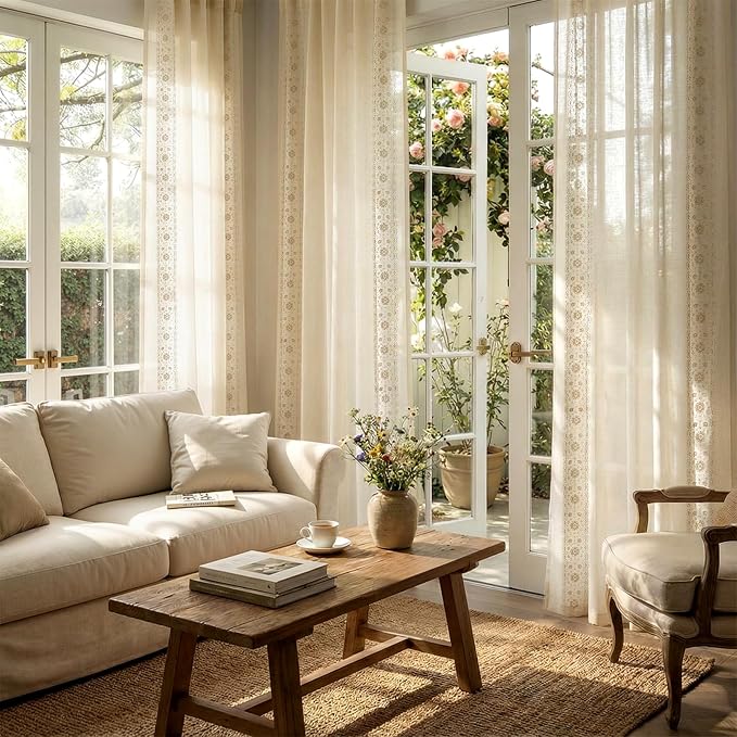 jinchan Floral Sheer Linen Curtains, Back Tab 50x96 Inch, 2 Panels Ivory | Semi - Image 2