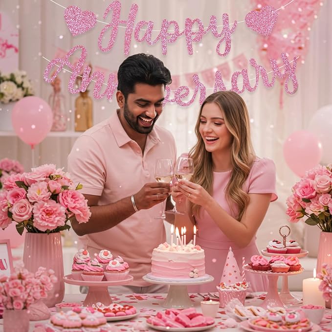 BEISHIDA Pre-Strung Glitter Pink Happy Anniversary Banner Wedding Decor | Happy - Image 5