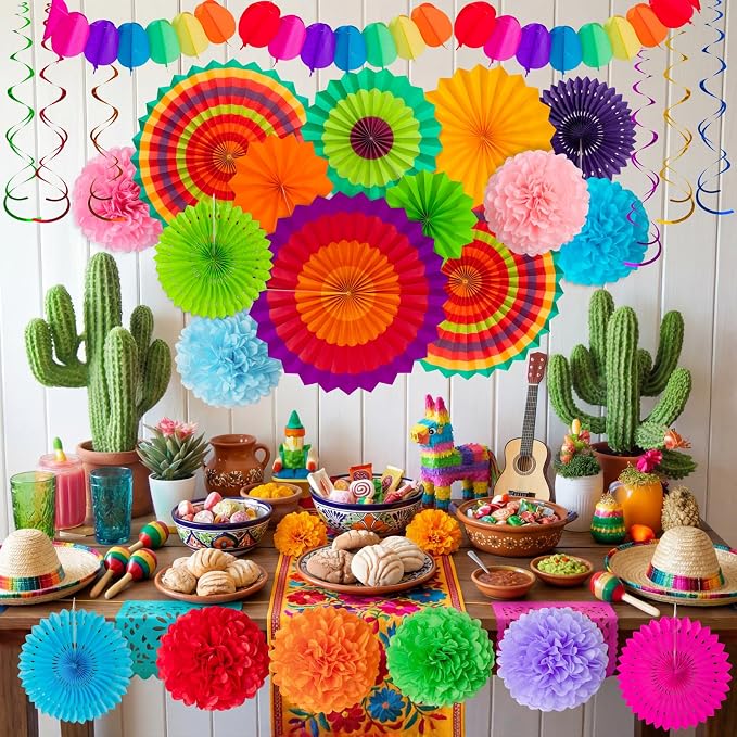 35PCS Fiesta Paper Fan Party Decorations Set | Cinco De Mayo Pom Poms, - Image 2