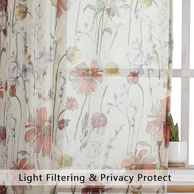 Crushed Sheer Curtains 84 Inch Length 2 Panels Set, Sheer Floral Curtains - Image 4