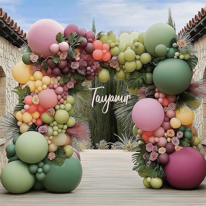 Green Pink Yellow Pastel Balloons Arch Kit, Double Stuffed, Party Decor. | Sage by Unknown