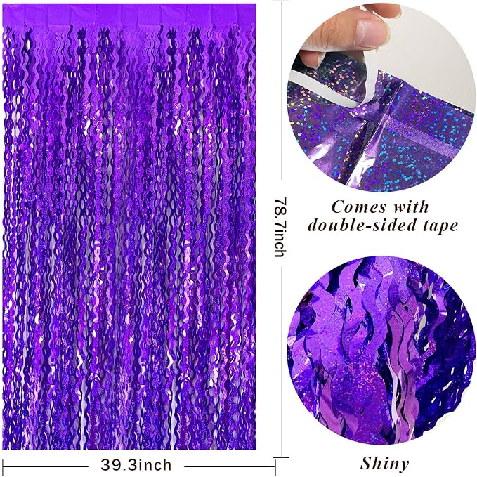 2 Pack Purple Backdrop Tinsel Foil Fringe Curtains Sparkle Metallic Wavy Foil - Image 2
