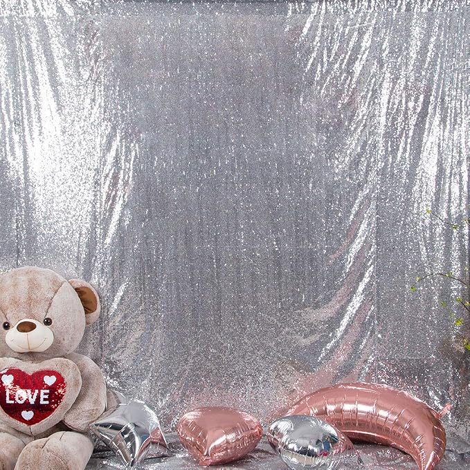 JYFLZQ Sequin Backdrop Curtains Silver 8ft x 8ft | Glitter Party Backdrop - Image 2