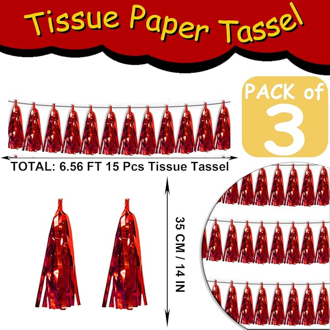 3P Red Tassel Banner Garland Metallic Foil Fringe Banner Tinsel Tassels - Image 2