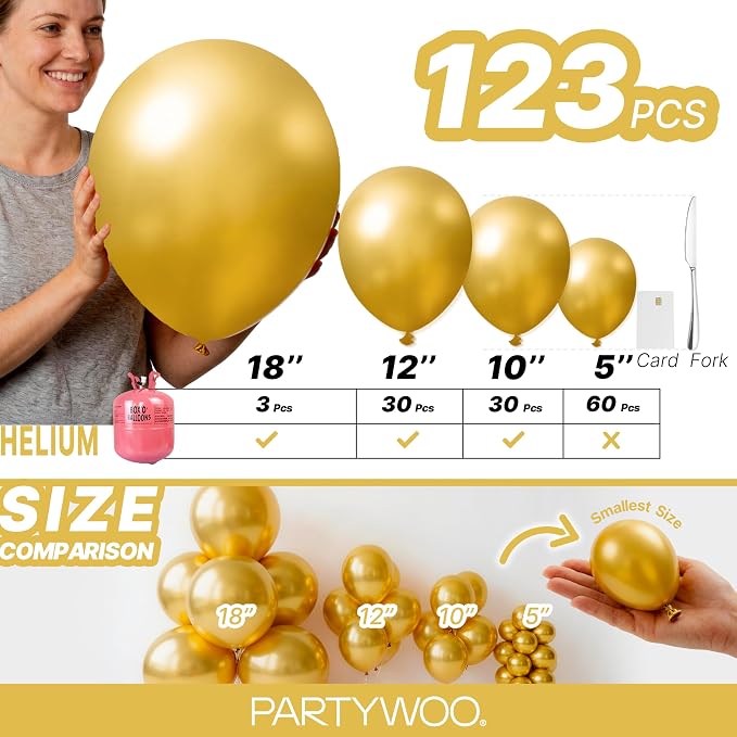 PartyWoo Gold Balloons 123pcs Different Sizes of 18 12 10 5 Inch Gold Balloon - Image 6