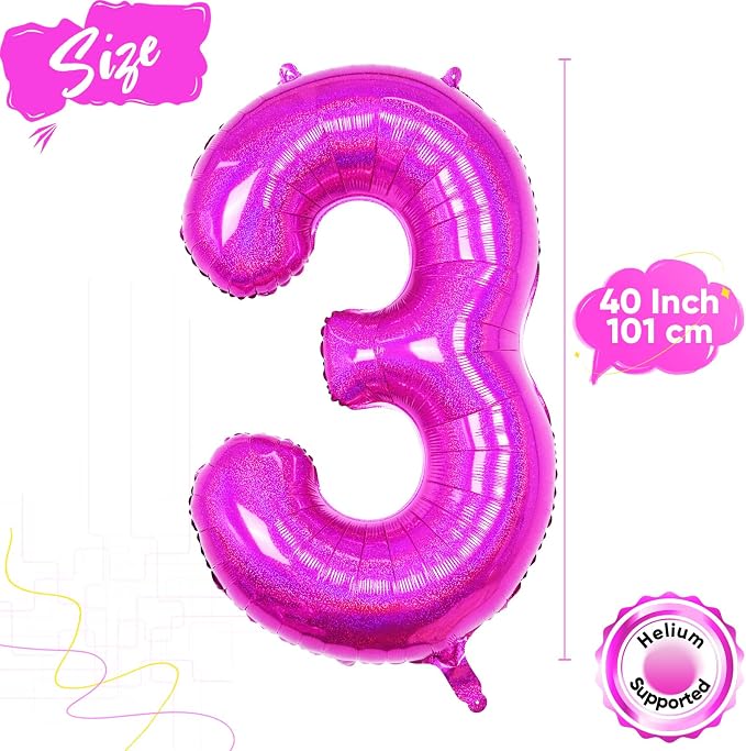 Hot Pink 3 Balloon, 40 Inch Large Laser Hot Pink Foil Helium Number Balloons 0-9 - Image 2