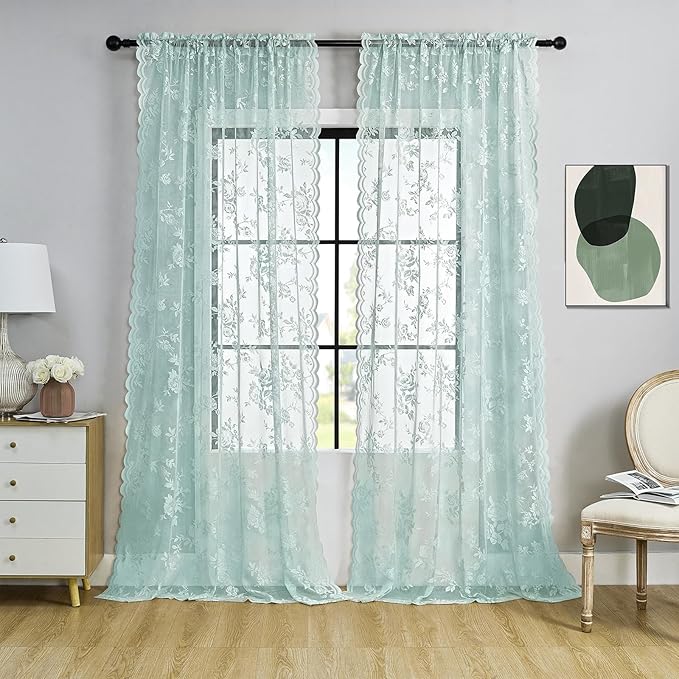 Pastel Turquoise Lace Curtains 63 Inch Length 2 Panels Aqua Floral Sheer - Image 2