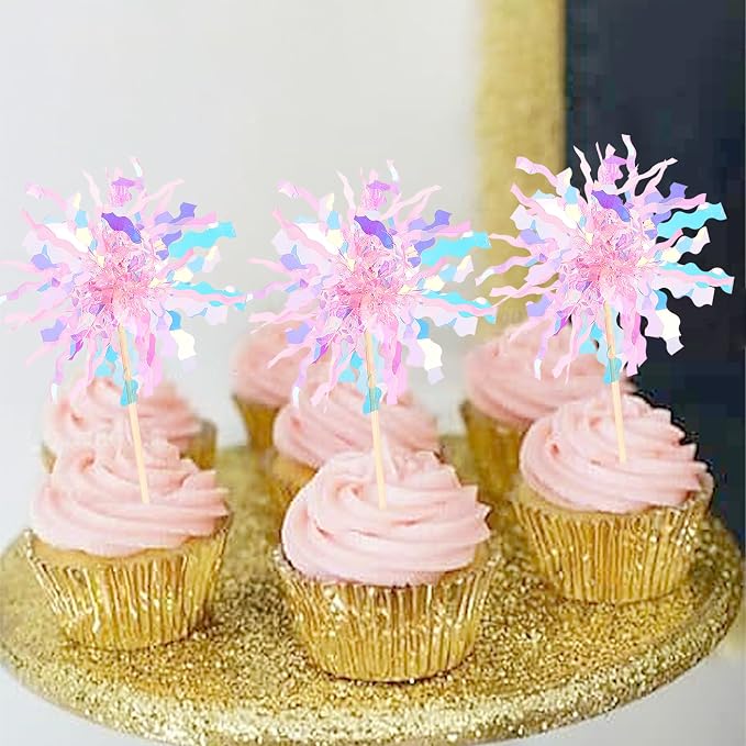 30 PCS Foil Firework Cupcake Toppers Sparkle Tinsel Cupcake Picks Happy - Image 4