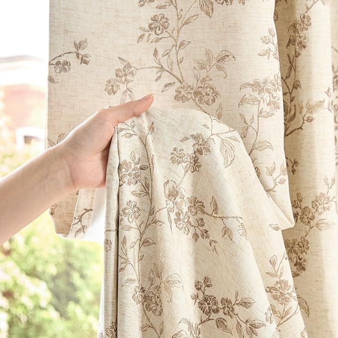 Blackout Vintage Floral Linen Curtains Taupe on Beige 50×96 2 Panels | Elisa - Image 3