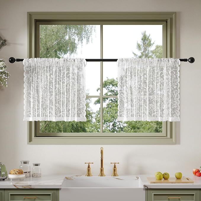 Anmao Vintage Lace Kitchen Curtains 24 Inches Long 2 Panels, Romantic Semi by Anmao