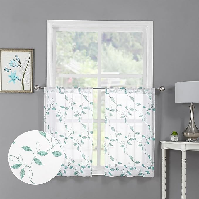 Tollpiz Teal Blue Leaf Sheer Tier Curtains Kitchen 30 x 24 Inches | Short by Tollpiz