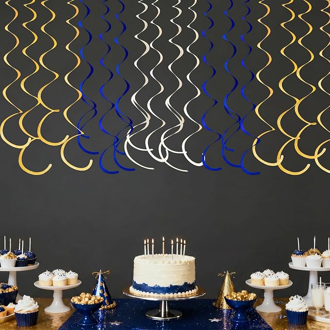 36 Pcs Blue Gold Hanging Swirl Decorations Royal Blue Glitter Gold Beige Felt - Image 8