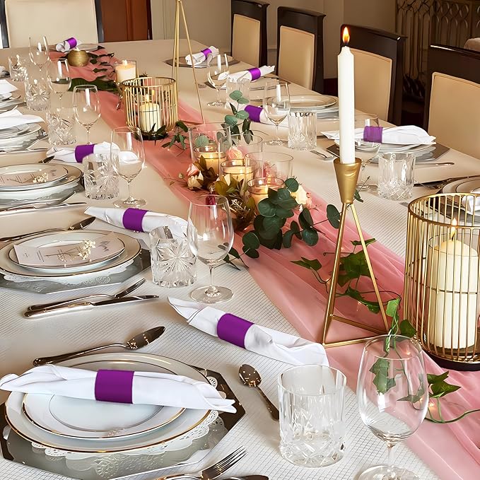 Polymer Material Reusable Napkin Band, Glue-Free Tear-Proof Water Resistant Oil-Proof Napkin Bands Set of 100(Front Purple Color and Back White), 6 Adjustable Sizes Napkin Rings