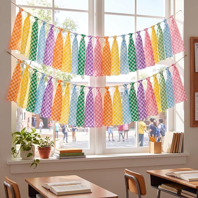 Fanfanwin 2 Pcs 6.7 ft Rainbow Checkerboard Tassel Garland, Colorful Fabric by Fanfanwin