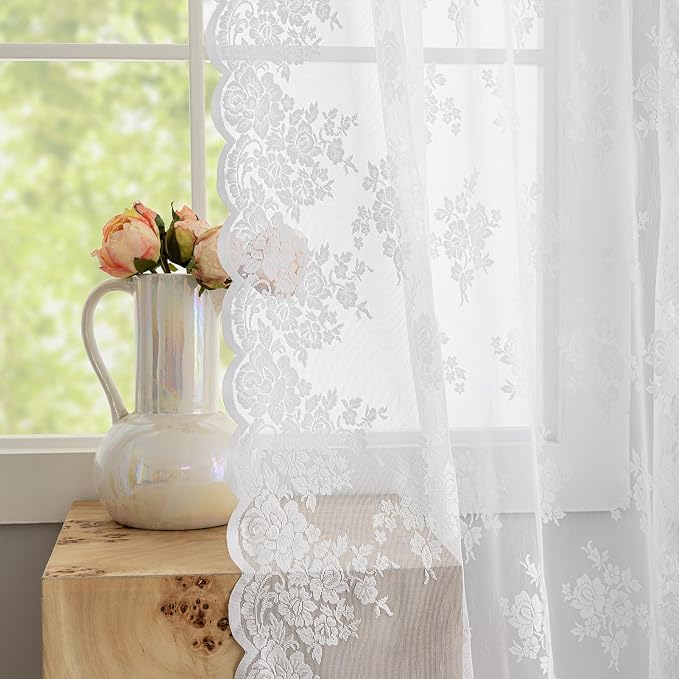 Kotile White Lace Curtains for Living Room Rustic Floral 52x92 in, 2 Panels | - Image 3