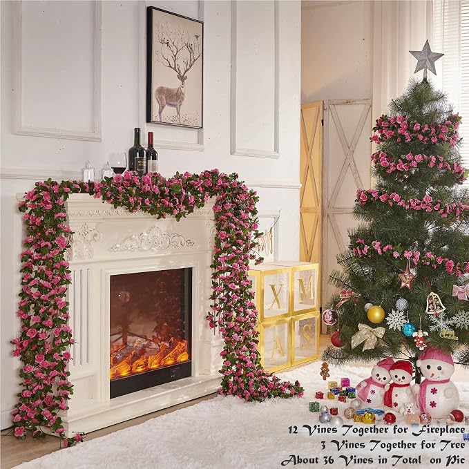 Artificial Flower Garland 6pcs 8.2ft Rose Vine Decor, Magenta Flower | PONKING - Image 3