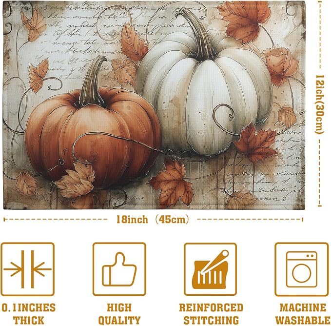 Fall Vintage Pumpkin Leaves Placemats Set of 4 Autumn Thanksgiving Harvest - Image 4