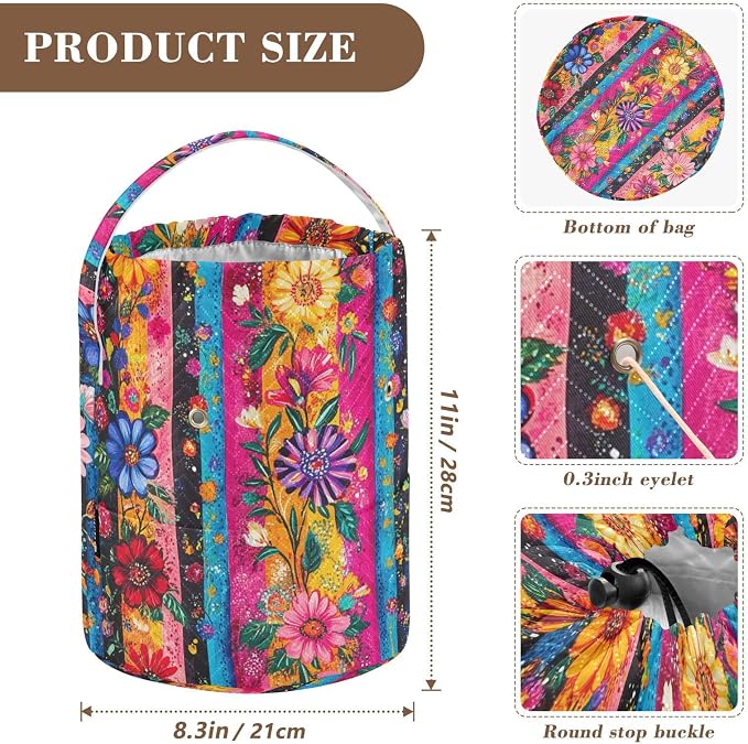 Ethnic Fiesta Striped Mexican Floral Yarn Bag Small Crochet Bag Drawstring Yarn - Image 3