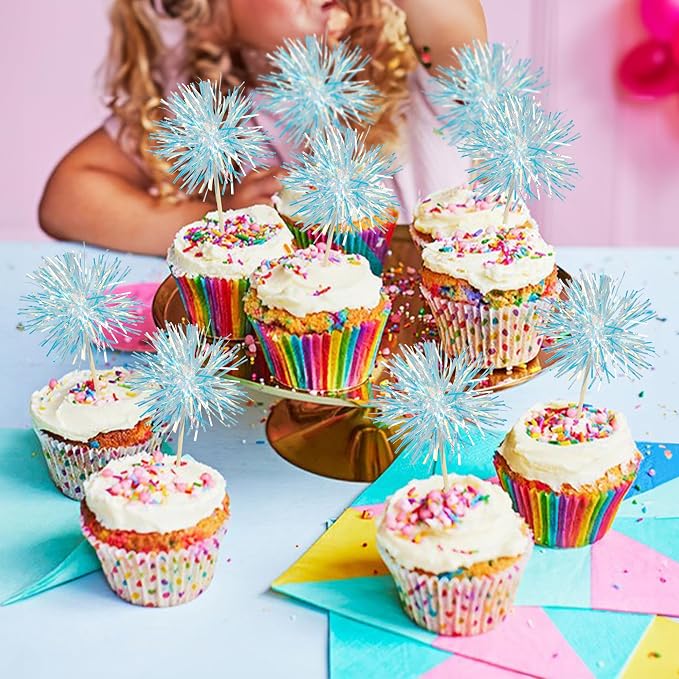 Gyufise 30Pcs Foil Firework Cupcake Toppers Sparkle Tinsel Cake Toppers Tinsel - Image 5